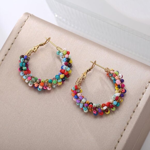 Colorful Beaded Floral Hoop Earrings for Women, Lightweight Stainless Steel Boho - Picture 4 of 6